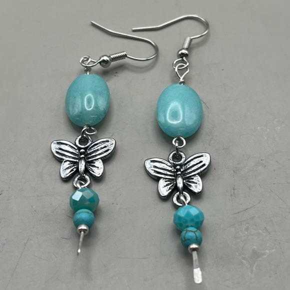 Jewelry - Aventurine and Butterfly Drop Earrings Silver Tone/Boho Fairycore Dangles